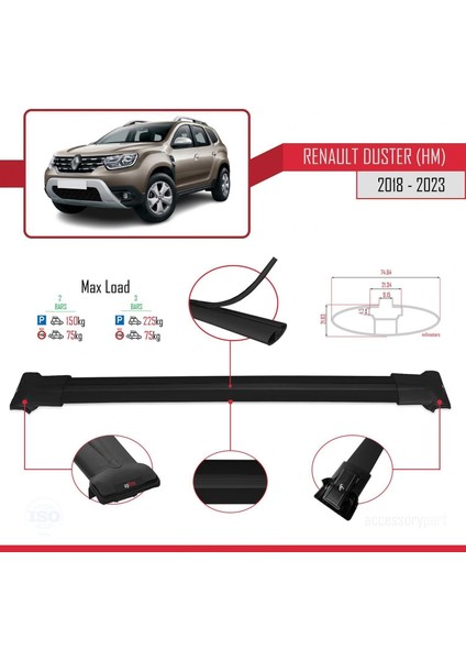 Renault Duster (Hm) 2018-2023 Arası ile Uyumlu Fly Model Ara Atkı Tavan Barı Siyah
