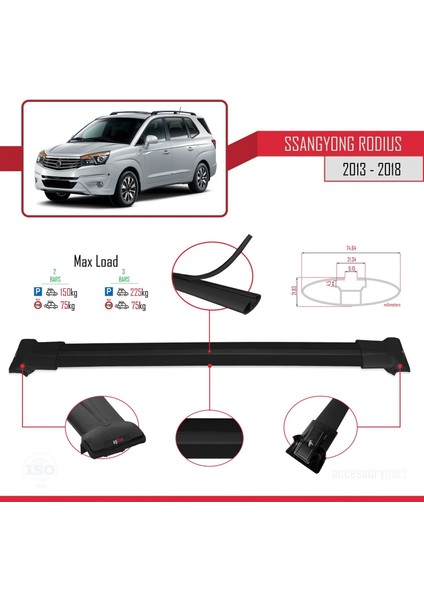 Ssangyong Rodius 2013-2018 Arası ile Uyumlu Fly Model Ara Atkı Tavan Barı Siyah