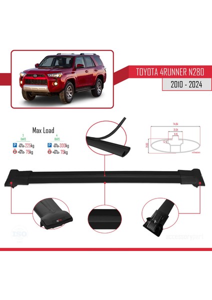 Toyota 4runner (N280) 2010 ve Sonrası ile Uyumlu Fly Model Ara Atkı Tavan Barı Siyah 3 Adet Bar