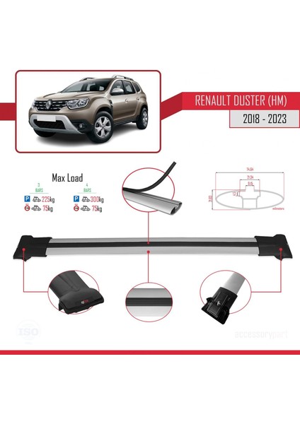 Renault Duster (Hm) 2018-2023 Arası ile Uyumlu Fly Model Ara Atkı Tavan Barı Gri 3 Adet Bar