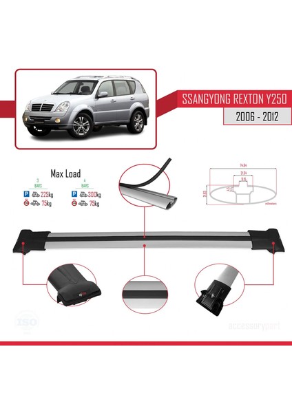 Ssangyong Rexton Y250 2006-2012 Arası ile Uyumlu Fly Model Ara Atkı Tavan Barı Gri 3 Adet Bar