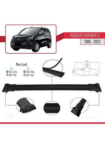 Peugeot Partner 2019-2022 Arası ile Uyumlu Fly Model Ara Atkı Tavan Barı Siyah 3 Adet Bar modelleri