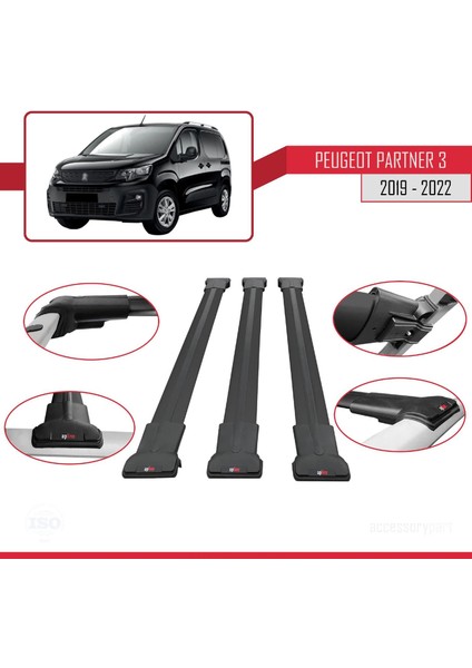 Peugeot Partner 2019-2022 Arası ile Uyumlu Fly Model Ara Atkı Tavan Barı Siyah 3 Adet Bar fırsatları