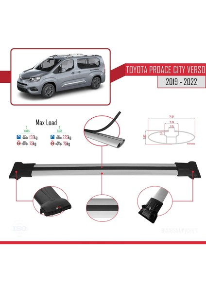 Toyota Proace City Verso 2019-2022 Arası ile Uyumlu Fly Model Ara Atkı Tavan Barı Gri fırsatları