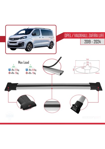 Opel / Vauxhall Zafira Life 2019 ve Sonrası ile Uyumlu Fly Model Ara Atkı Tavan Barı Gri 3 Adet