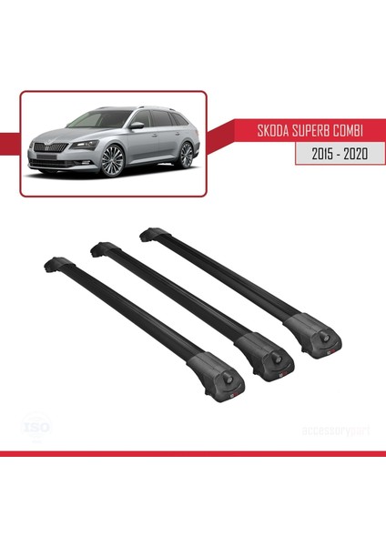 Skoda Superb Combı 2015-2020 Arası ile Uyumlu Ace-1 Ara Atkı Tavan Barı Siyah 3 Adet Bar