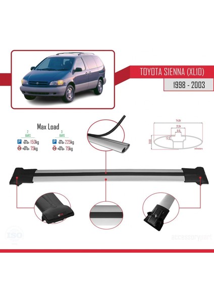 Toyota Sienna (XL10) 1998-2003 Arası ile Uyumlu Fly Model Ara Atkı Tavan Barı Gri fırsatları