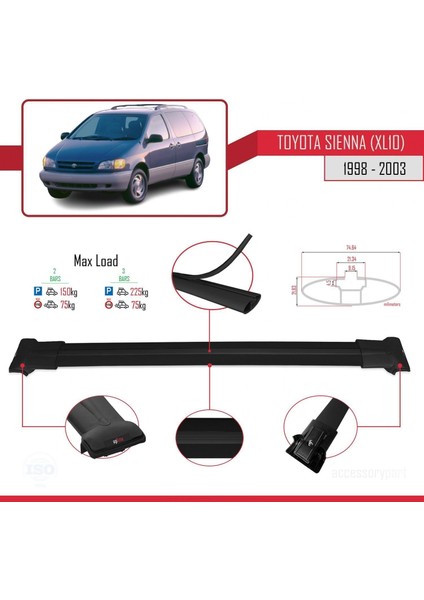 Toyota Sienna (XL10) 1998-2003 Arası ile Uyumlu Fly Model Ara Atkı Tavan Barı Siyah fırsatları