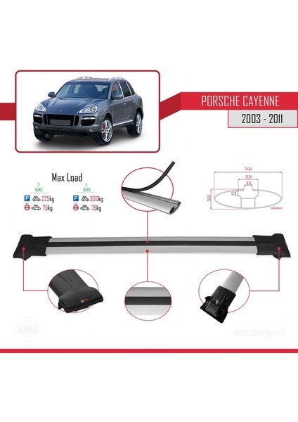 Porsche Cayenne 2003-2011 Arası ile Uyumlu Fly Model Ara Atkı Tavan Barı Gri 3 Adet Bar