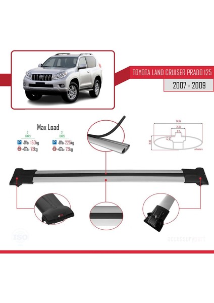 Toyota Land Cruiser Prado 125 2007-2009 Arası ile Fly Model Ara Atkı Tavan Barı Gri fırsatları