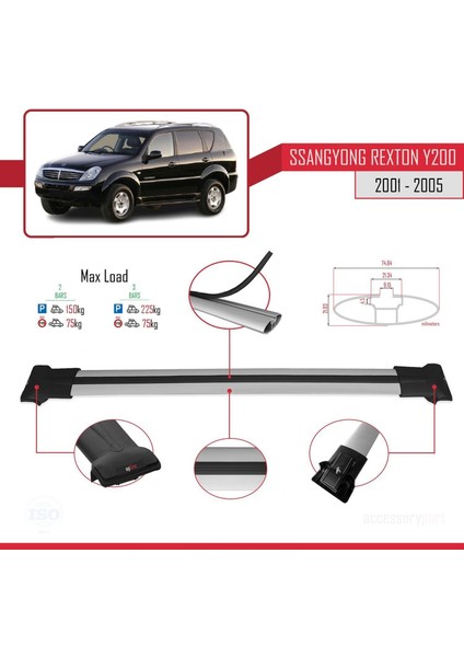 Ssangyong Rexton Y200 2001-2005 Arası ile Uyumlu Fly Model Ara Atkı Tavan Barı Gri fırsatları