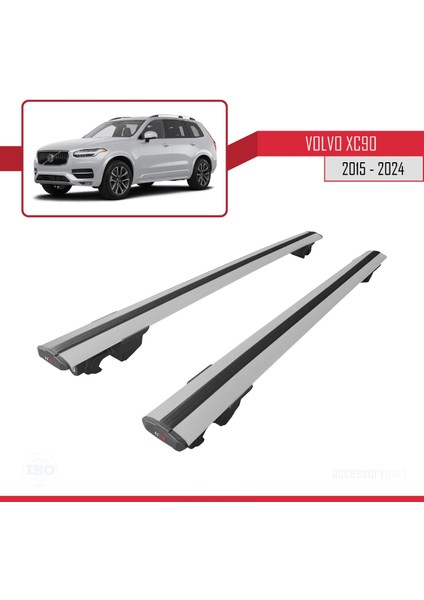 Volvo XC90 2015 ve Sonrası ile Uyumlu Hook Model Anahtar Kilitli Ara Atkı Tavan Barı Gri