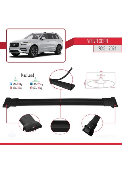 Volvo XC90 2015 ve Sonrası ile Uyumlu Fly Model Ara Atkı Tavan Barı Siyah