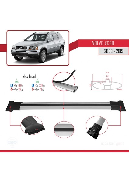 Volvo XC90 2003-2015 Arası ile Uyumlu Fly Model Ara Atkı Tavan Barı Gri