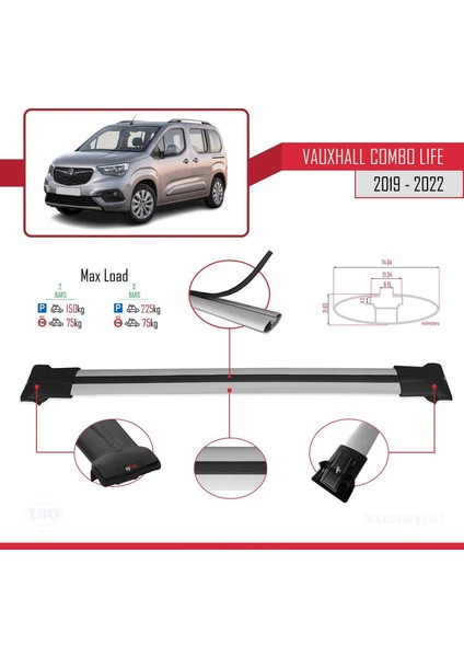 Vauxhall Combo Life 2019-2022 Arası ile Uyumlu Fly Model Ara Atkı Tavan Barı Gri modelleri