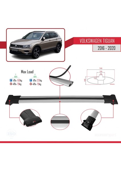 Volkswagen Tiguan 2016-2020 Arası ile Uyumlu Fly Model Ara Atkı Tavan Barı Gri