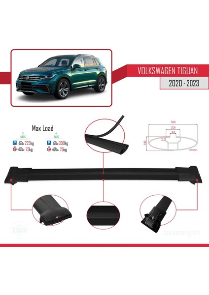 Volkswagen Tiguan 2020-2023 Arası ile Uyumlu Fly Model Ara Atkı Tavan Barı Siyah 3 Adet Bar