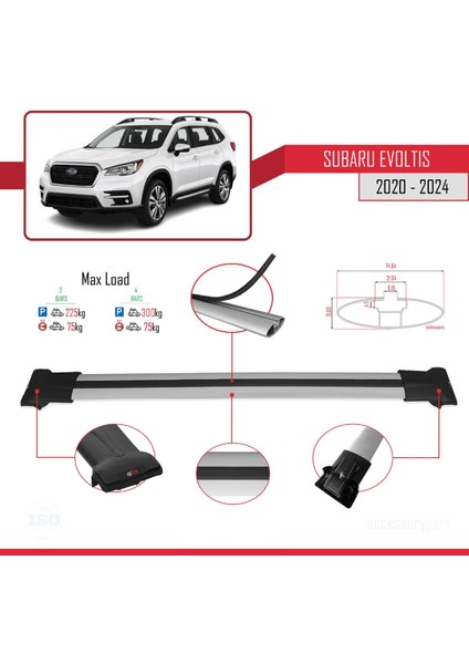 Subaru Evoltis 2020 ve Sonrası ile Uyumlu Fly Model Ara Atkı Tavan Barı Gri 3 Adet Bar
