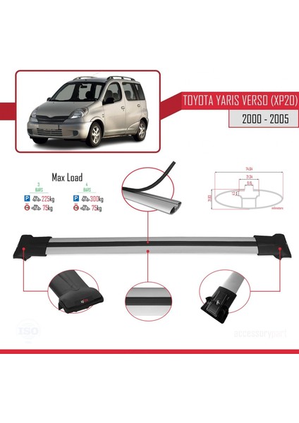 Toyota Yaris Verso (XP20) 2000-2005 Arası ile Uyumlu Fly Model Ara Atkı Tavan Barı Gri 3 Adet Bar