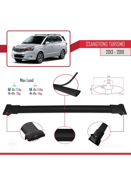 Ssangyong Turismo 2013-2019 Arası ile Uyumlu Fly Model Ara Atkı Tavan Barı Siyah 3 Adet Bar