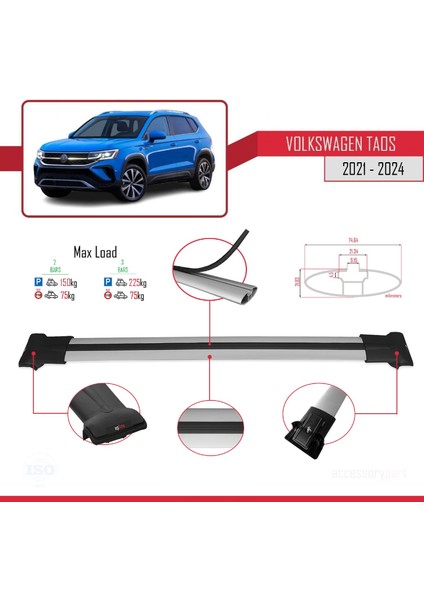 Volkswagen Taos 2021 ve Sonrası ile Uyumlu Fly Model Ara Atkı Tavan Barı Gri