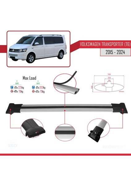 Volkswagen Transporter (T6) 2015 ve Sonrası ile Uyumlu Fly Model Ara Atkı Tavan Barı Gri 3 Adet Bar