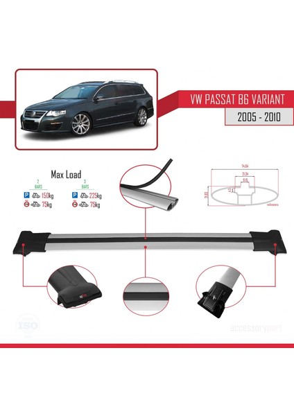 Volkswagen Passat (B6) Varıant 2005-2010 Arası ile Uyumlu Fly Model Ara Atkı Tavan Barı Gri