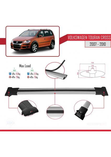 Volkswagen Touran Cross 2007-2010 Arası ile Uyumlu Fly Model Ara Atkı Tavan Barı Gri