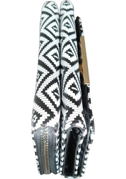 Kadın Siyah Beyaz Renkli Desenli El Çantası Cüzdan