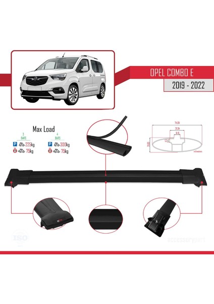 Opel Combo (E) 2019-2022 Arası ile Uyumlu Fly Model Ara Atkı Tavan Barı Siyah 3 Adet Bar