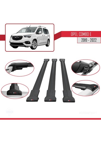 Opel Combo (E) 2019-2022 Arası ile Uyumlu Fly Model Ara Atkı Tavan Barı Siyah 3 Adet Bar