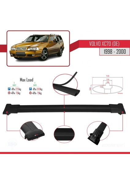 Volvo XC70 (De) 1998-2000 Arası ile Uyumlu Fly Model Ara Atkı Tavan Barı Siyah 3 Adet Bar