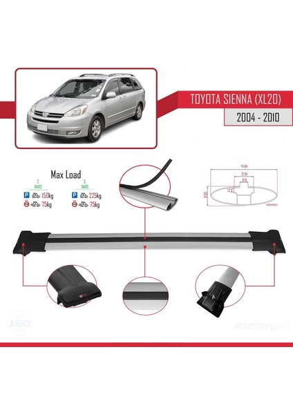 Toyota Sienna (XL20) 2004-2010 Arası ile Uyumlu Fly Model Ara Atkı Tavan Barı Gri fırsatları