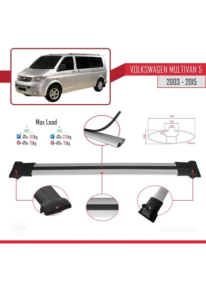 Volkswagen Multivan (T5) 2003-2015 Arası ile Uyumlu Fly Model Ara Atkı Tavan Barı Gri