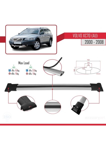 Volvo XC70 (Au) 2000-2008 Arası ile Uyumlu Fly Model Ara Atkı Tavan Barı Gri