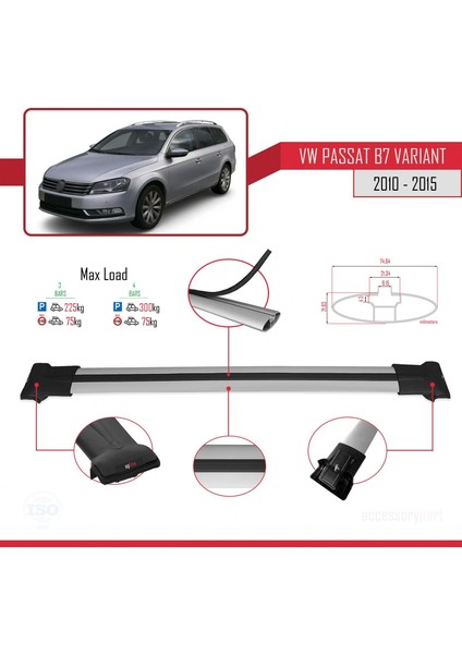 Volkswagen Passat (B7) Varıant 2010-2015 Arası ile Uyumlu Fly Model Ara Atkı Tavan Barı Gri 3 Adet Bar
