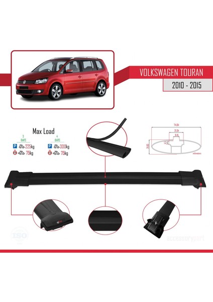 Volkswagen Touran 2010-2015 Arası ile Uyumlu Fly Model Ara Atkı Tavan Barı Siyah 3 Adet Bar