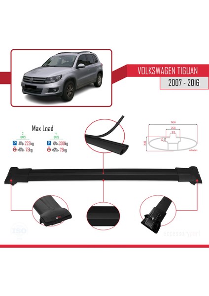 Volkswagen Tiguan 2007-2016 Arası ile Uyumlu Fly Model Ara Atkı Tavan Barı Siyah 3 Adet Bar
