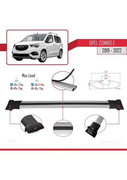 Opel Combo (E) 2019-2022 Arası ile Uyumlu Fly Model Ara Atkı Tavan Barı Gri 3 Adet Bar