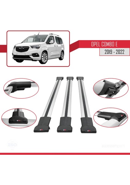 Opel Combo (E) 2019-2022 Arası ile Uyumlu Fly Model Ara Atkı Tavan Barı Gri 3 Adet Bar