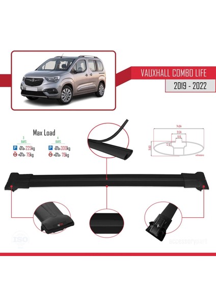 Vauxhall Combo Life 2019-2022 Arası ile Uyumlu Fly Model Ara Atkı Tavan Barı Siyah 3 Adet Bar modelleri