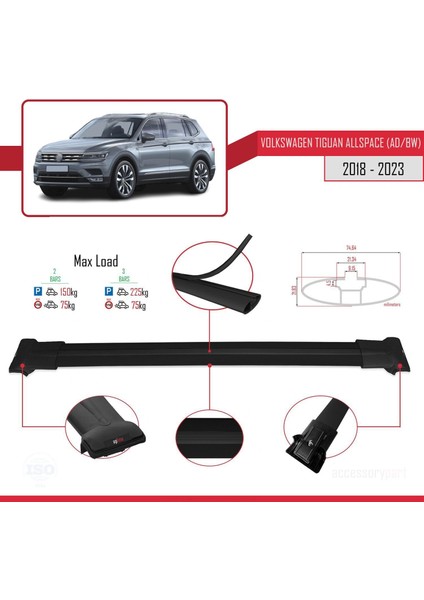 Volkswagen Tiguan Allspace (Ad/bw) 2018-2023 Arası ile Uyumlu Fly Model Ara Atkı Tavan Barı Siyah fırsatları