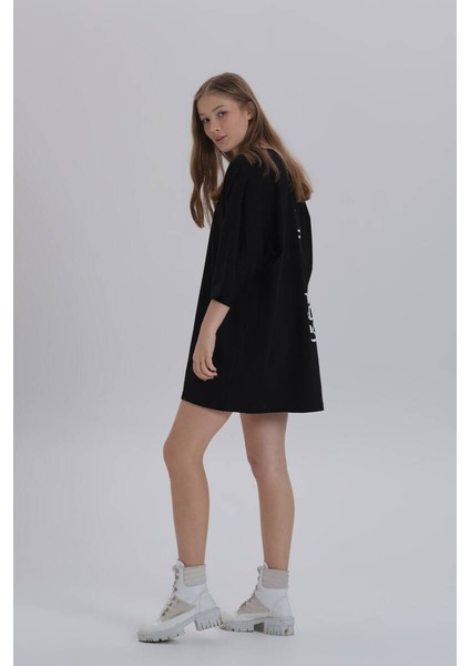 Siyah Kadın Sırt Baskı Detay Oversize T-Shirt Elbise modelleri
