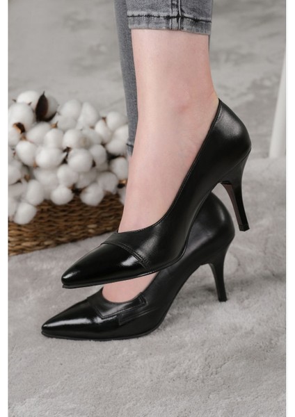 Hakiki Deri Stiletto Siyah Topuklu Ayakkabı - 7,5 Cm İnce Topuk Sivri Burun - El İşçiliği Premium Yumuşak Deri GRS002-SH