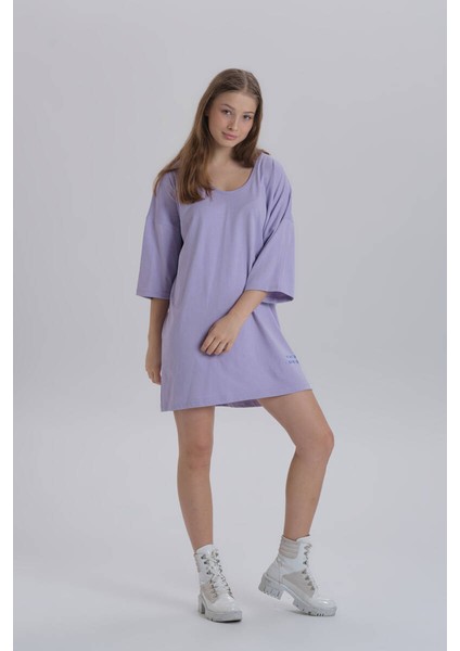 Lila Kadın Sırt Baskı Detay Oversize T-Shirt Elbise modelleri