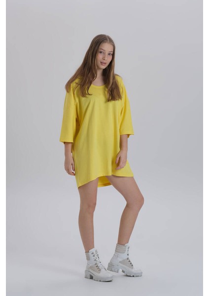 Sarı Kadın Sırt Baskı Detay Oversize T-Shirt Elbise fiyatları