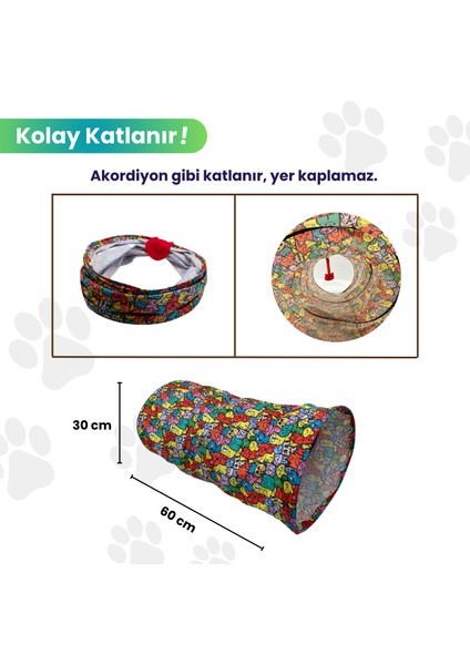 Katlanabilir Renkli Kedi Tüneli 60 Cm Oxford Kumaşlı Dayanıklı Tünel Kedi Desenli Saklanma Tüneli