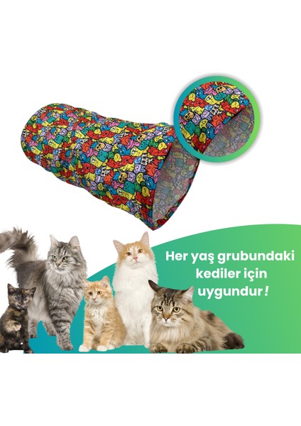 Katlanabilir Renkli Kedi Tüneli 60 Cm Oxford Kumaşlı Dayanıklı Tünel Kedi Desenli Saklanma Tüneli