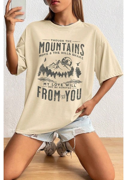 Kadın Bej Mountains Baskılı Oversize T-Shirt