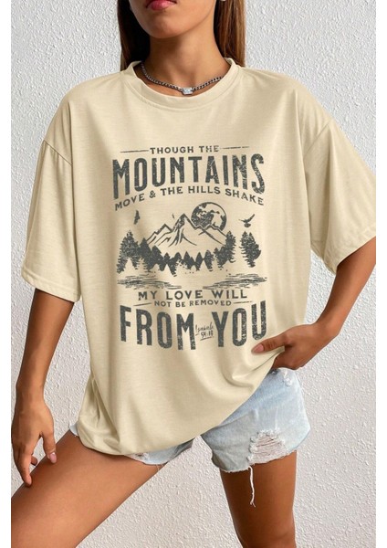 Kadın Bej Mountains Baskılı Oversize T-Shirt